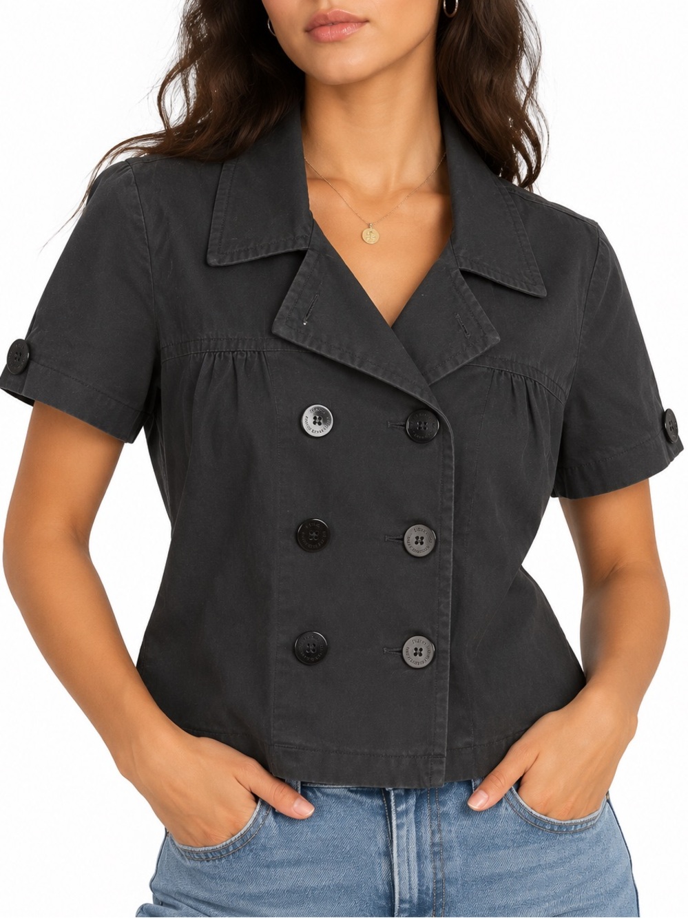Crop Peplum Blouse Top — Notched Collar — Black — Size 9